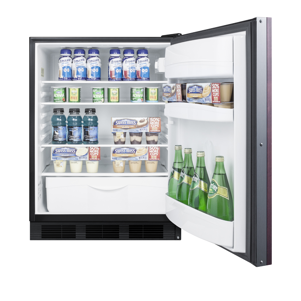 ADA compliant commercial all-refrigerator for built-in general purpose use, auto defrost w/lock, integrated door frame for overlay panels, and white cabinet